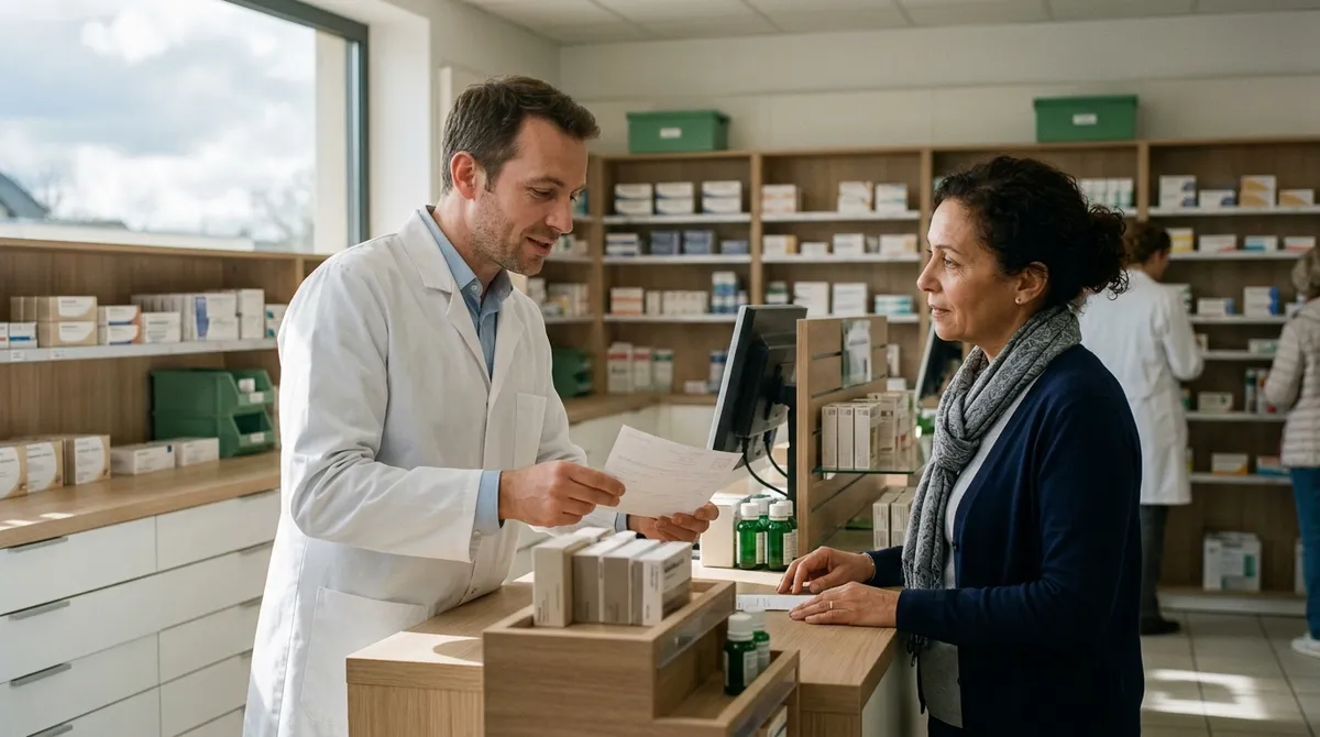 Pharmacien conseillant un patient au comptoir