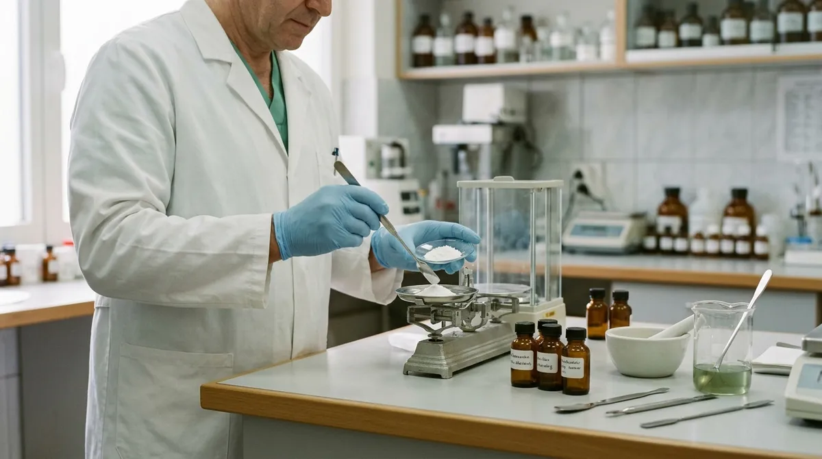 Pharmacien réalisant une préparation magistrale